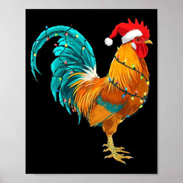 Funny Rooster Chicken Santa Christmas Lights Farme Poster (Front)