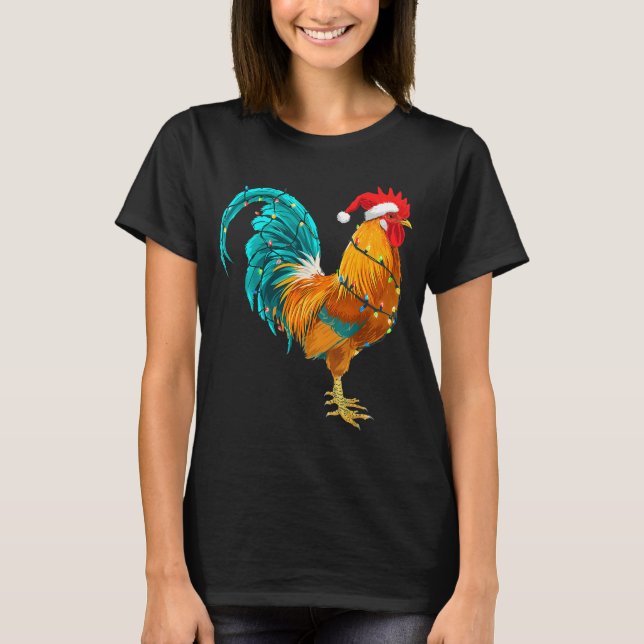 Funny Rooster Chicken Santa Christmas Lights Farme T-Shirt (Front)
