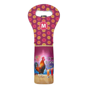 Funny Rooster Chicken Tropical Beach Monogrammed Wine Bag