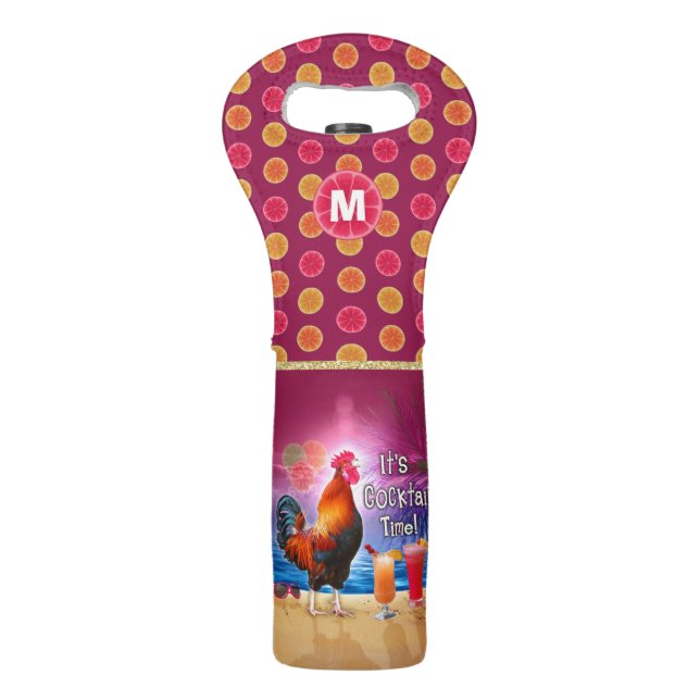 Funny Rooster Chicken Tropical Beach Monogrammed Wine Bag (Front)