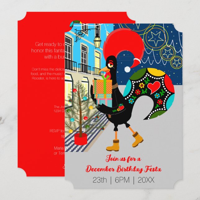 Funny Rooster, Christmas lighs, Birthday Party Invitation (Front/Back)