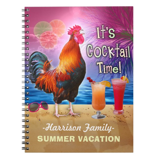 Funny Rooster Cocktails Tropical Beach Vacation Notebook (Front)