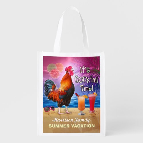 Funny Rooster Cocktails Tropical Beach Vacation Reusable Grocery Bag