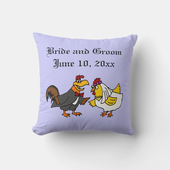Funny Rooster Groom and Hen Bride Wedding Throw Pillow (Front)