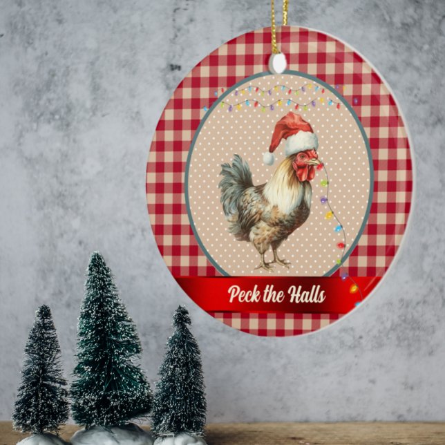 Funny Rooster Peck the Halls Christmas Lights Ceramic Ornament (Creator Uploaded)