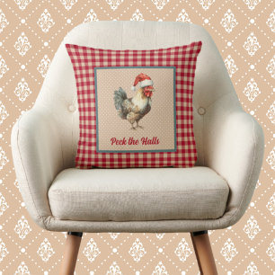 Funny Rooster Peck the Halls Farmhouse Christmas Throw Pillow