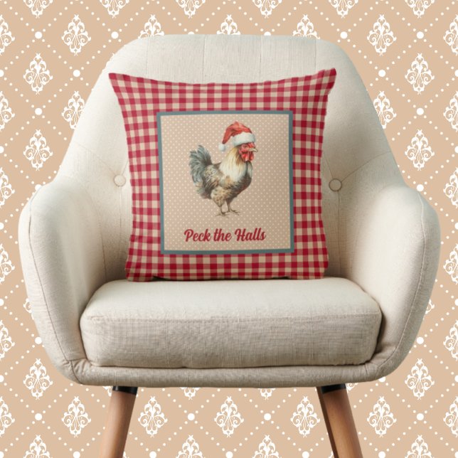 Funny Rooster Peck the Halls Farmhouse Christmas Throw Pillow (Creator Uploaded)