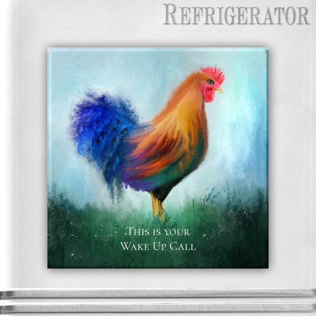 Funny Rooster Personalized Magnet (Funny magnet featuring an original painting of a colorful rooster in a grass field)