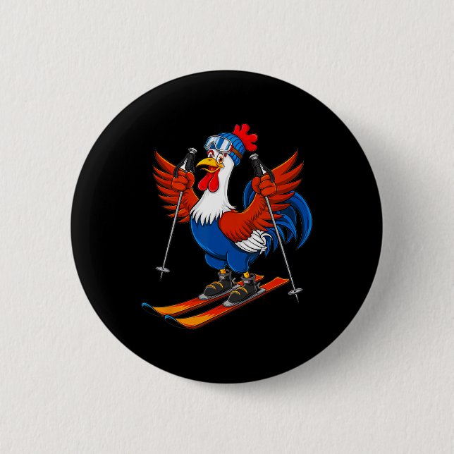 Funny Rooster Skiing Adventure Cartoon  Button (Front)