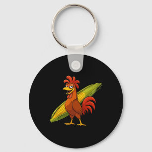 Funny Rooster With Corn Cob Thanksgiving Chicken F Keychain