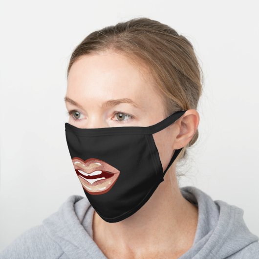 Funny Rose Gold Lipstick Mouth Black Cotton Face Mask (Angled)