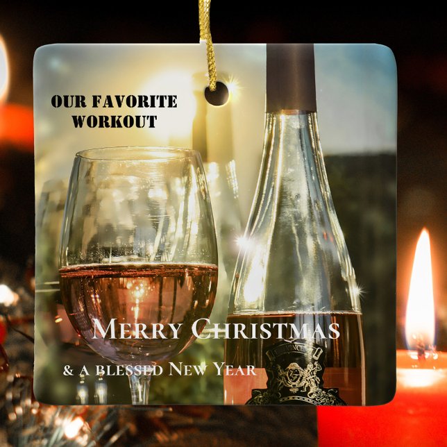 Funny Rosé Wine Workout Personalized Ceramic Ornament (Ornament featuring a pretty sunny scene with rosé wine and sparkling lights.)