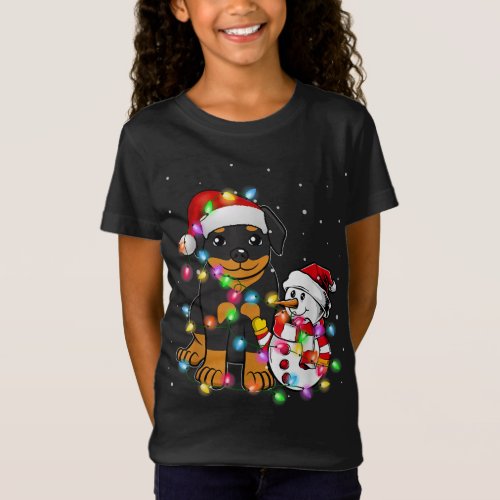 Funny Rottweiler Dog Christmas Tee Snowman Lights 