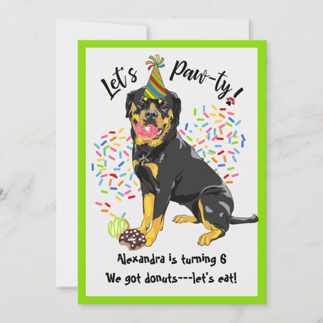Funny Rottweiler Dog Donuts Birthday Party Invitation (Front)