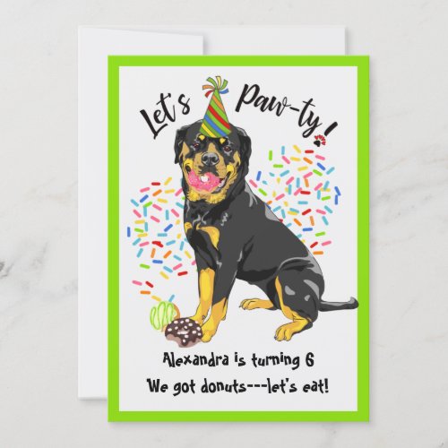 Funny Rottweiler Dog Donuts Birthday Party Invitation