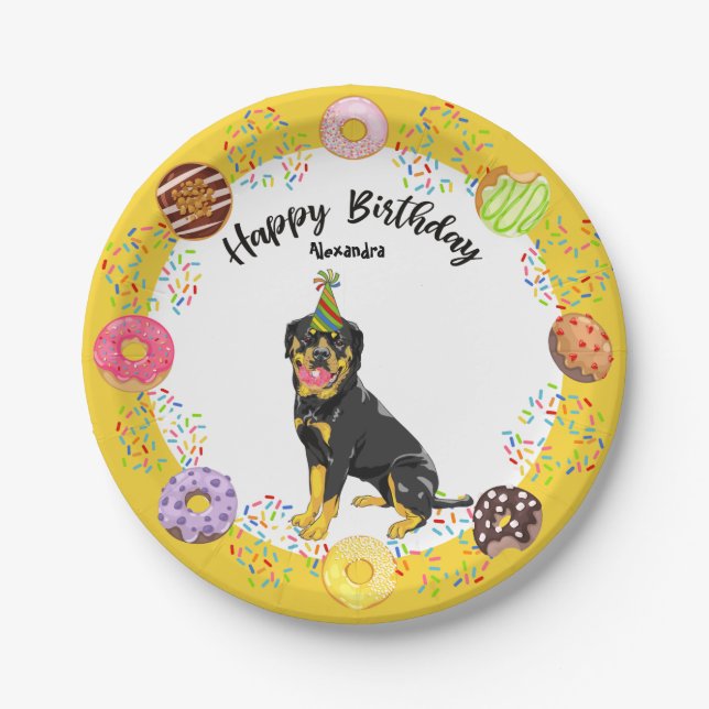 Funny Rottweiler Dog Donuts Birthday Party Paper Plates (Front)