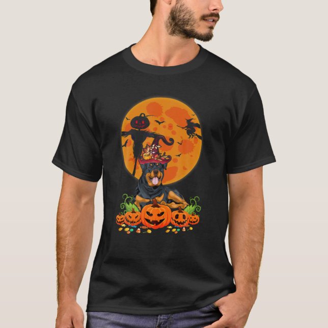 Funny Rottweiler Dog Witch Pumpkin Happy Halloween T-Shirt (Front)