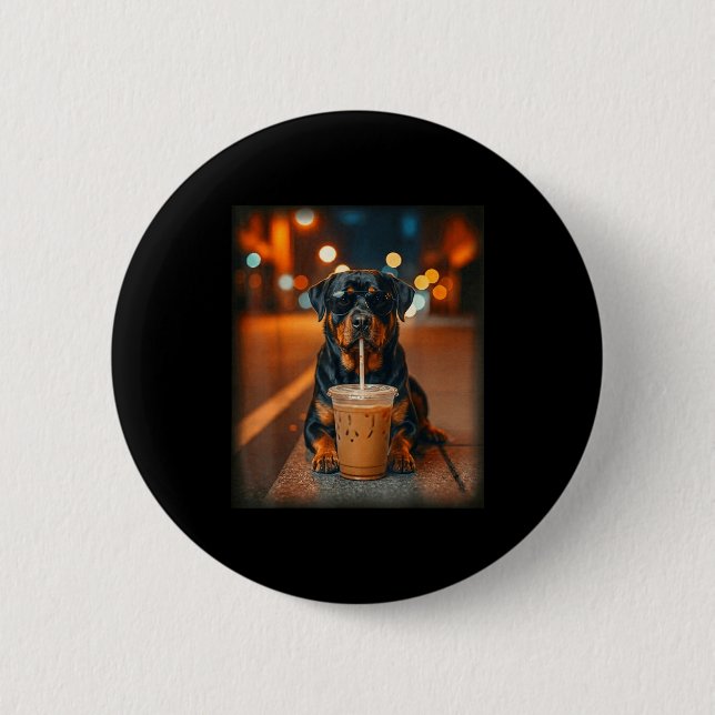 Funny rottweiler drinking iced coffee lover dog button (Front)