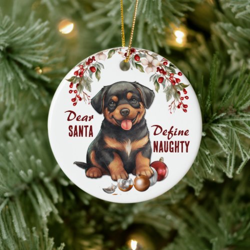 Funny Rottweiler Pup Define Naughty Christmas Ceramic Ornament