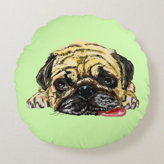Funny Round Pillow with Pug Dog - Your Colors (Front)