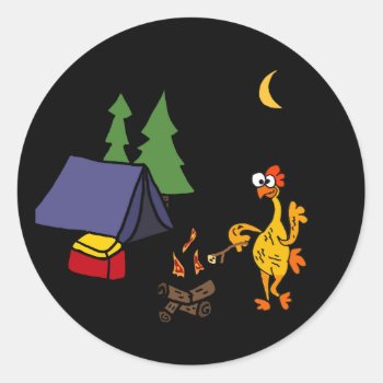 Funny Rubber Chicken Camping Cartoon Classic Round Sticker by naturesmiles at Zazzle