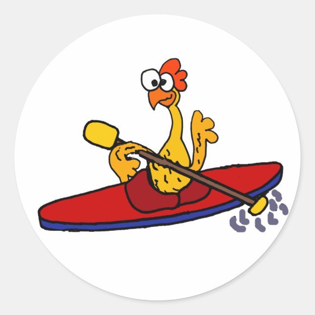 Funny Rubber Chicken kayaking cartoon Classic Round Sticker (Front)