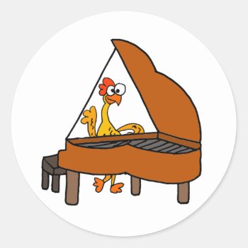 Funny Rubber Chicken Playing Piano Cartoon Classic Round Sticker by naturesmiles at Zazzle
