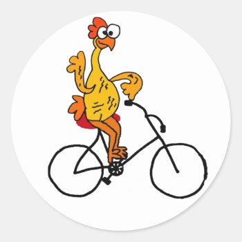 Funny Rubber Chicken Riding Bicycle Classic Round Sticker by naturesmiles at Zazzle
