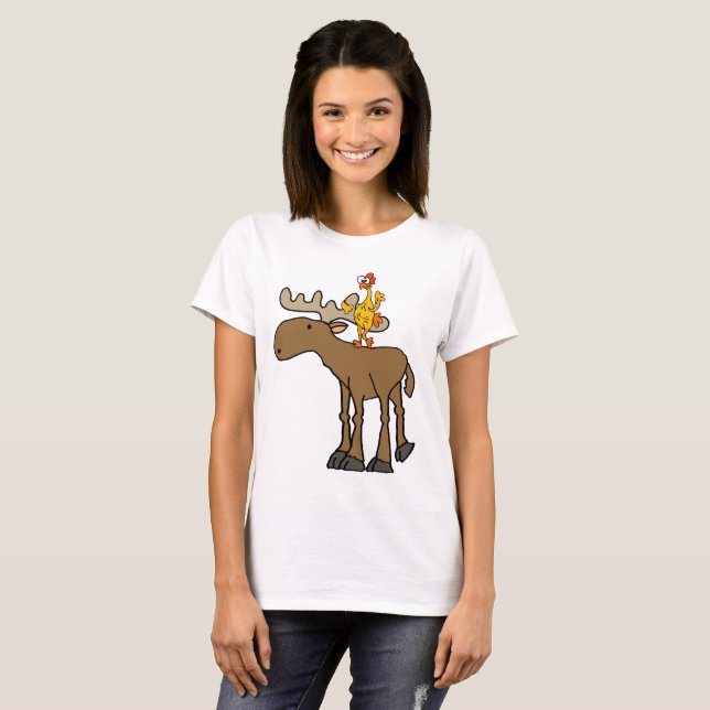 Funny Rubber Chicken Riding Moose Cartoon T-Shirt (Front Full)