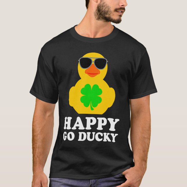 Funny Rubber Duck Four Leaf Clover Sunglasses Happ T-Shirt (Front)