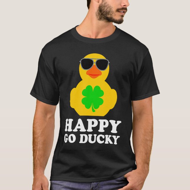 Funny Rubber Duck Four Leaf Clover Sunglasses Happ T-Shirt (Front)