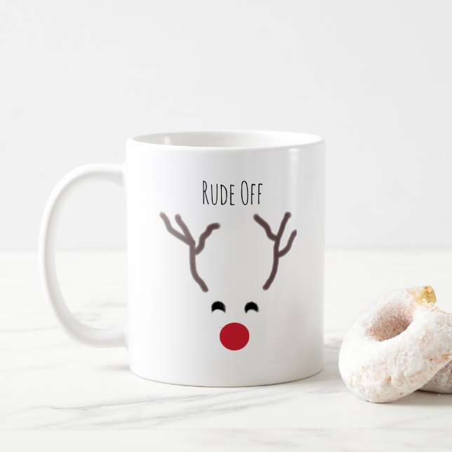 Funny Rude Off Red Nose Reindeer Modern Christmas Coffee Mug (With Donut)