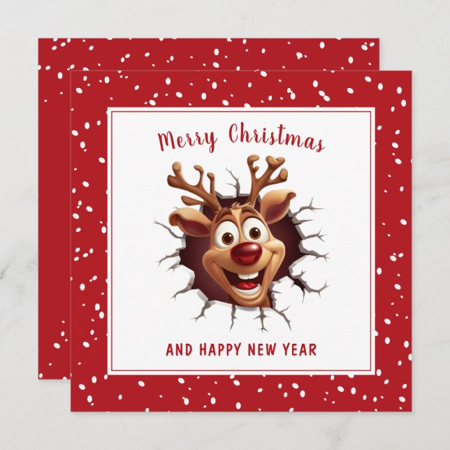 Funny Rudolph breaking through Card Red Christmas (Front/Back)