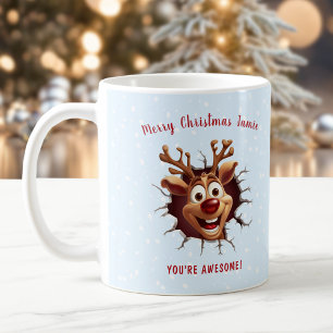 Funny Rudolph breaking through Name Blue Christmas Coffee Mug