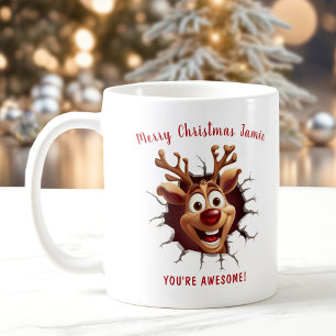 Funny Rudolph breaking through Name Christmas Coffee Mug