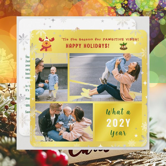 Funny Rudolph Cute Happy Holidays Golden 3 Photo Holiday Card (Cute Funny Rudolph Pawsitive Vibes Happy Holidays 'Tis the Season 3 Photos Golden What a Year Letter)