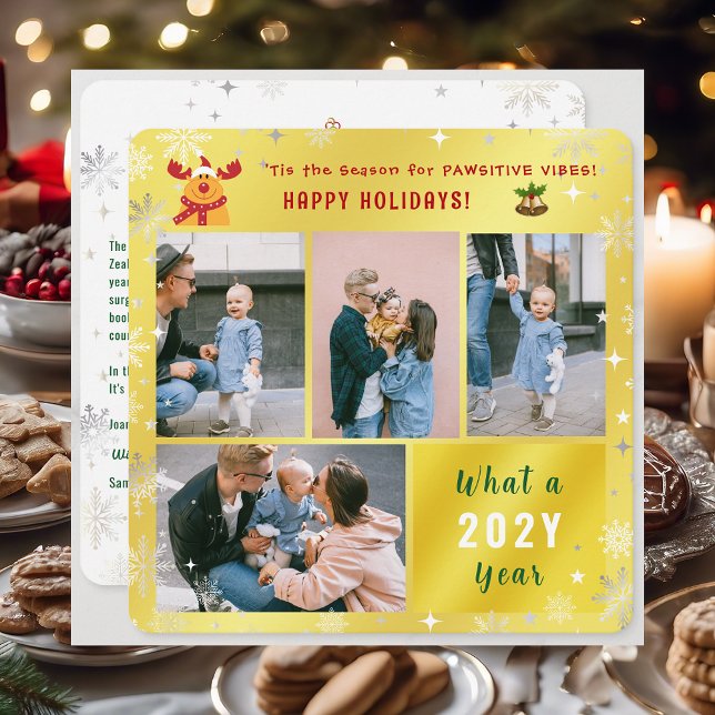 Funny Rudolph Happy Holidays Cute Golden 4 Photos Holiday Card (Cute Funny Elegant Rudolph 'Tis the Season Pawsitive Vibes Happy Holidays 4 Photos Snowflakes Golden)