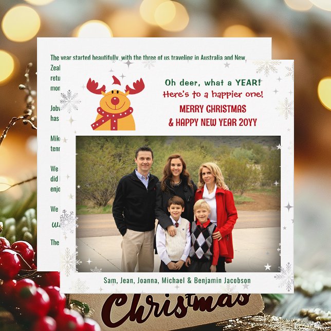 Funny Rudolph Oh Deer Elegant Minimalist 1 Photo Holiday Card (Funny Cute Rudolph Oh Deer What a Year Merry Christmas Happy New Year 1 Photo Letter Elegant Modern)
