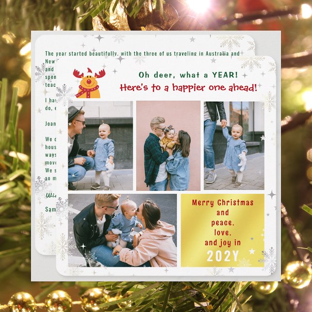 Funny Rudolph Oh Deer Peace Love Joy Golden Photo Holiday Card (Funny Cute Rudolph Oh Deer What a Year Merry Christmas Happy New Year 4 Photos Letter Elegant Golden)