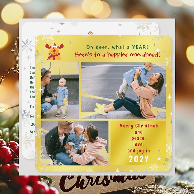 Funny Rudolph Oh Deer Peace Love Joy Golden Photo Holiday Card (Elegant Golden Cute Funny Rudolph Oh Deer What a Year Merry Christmas 3 Photos Peace Love Joy Letter)