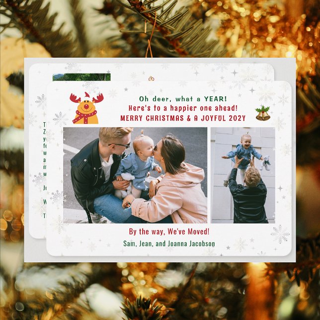 Funny Rudolph Oh Deer We've Moved 3 Photos Collage Holiday Card (Funny Rudolph Oh Deer What a Year Christmas New Year We've Moved 3 Photos Elegant Cute Modern Letter)