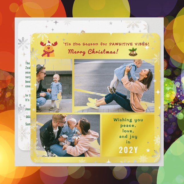 Funny Rudolph Peace Love Joy Elegant Golden Photo Holiday Card (Elegant Golden Cute Funny Pawsitive Vibes Rudolph Happy Holidays 3 Photos Peace Love Joy Snowflakes)