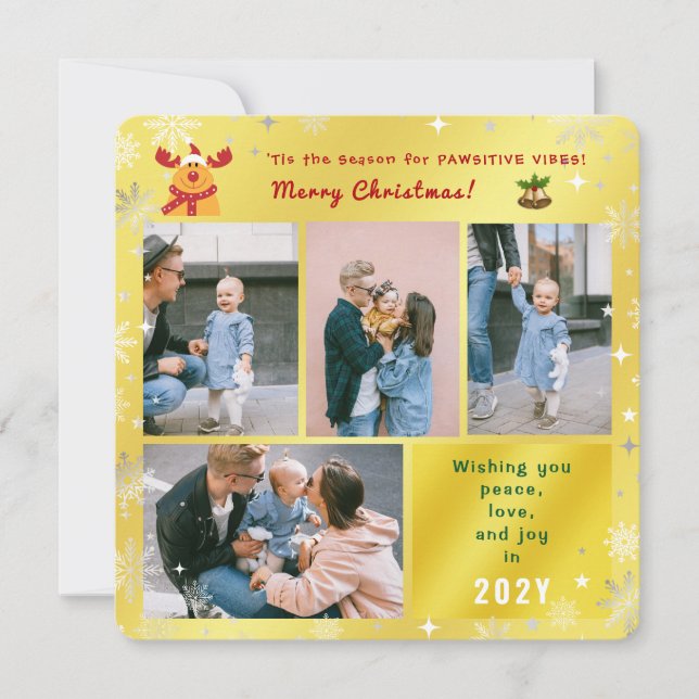 Funny Rudolph Peace Love Joy Photos Elegant Golden Holiday Card (Front)