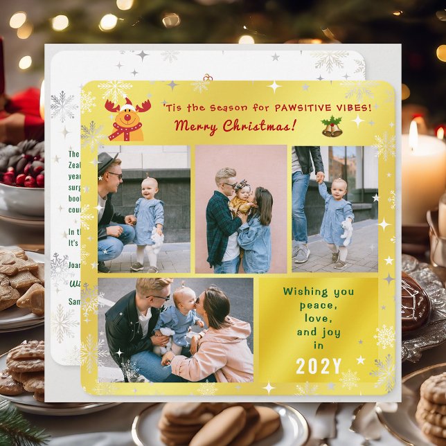 Funny Rudolph Peace Love Joy Photos Elegant Golden Holiday Card (Cute Funny Elegant Rudolph 'Tis the Season for Pawsitive Merry Christmas 4 Photos Snowflakes Golden)