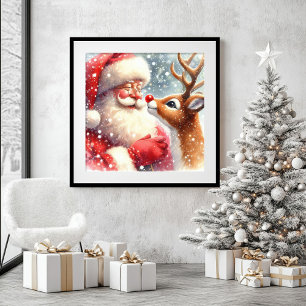 Funny Rudolph Santa Watercolor Christmas Wall Art