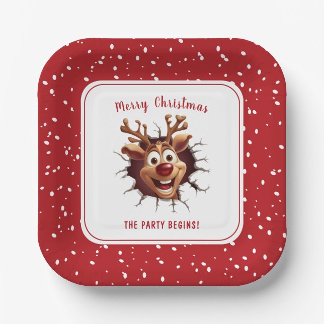 Funny Rudolph The Reindeer Christmas Party Square Paper Plates (Front)
