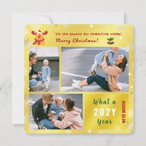 Funny Rudolph Weve Moved 3 Photos Collage Golden Holiday Card
