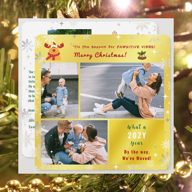 Funny Rudolph We've Moved 4 Photos Cute Golden Holiday Card (Funny Rudolph Pawsitive Vibes Christmas We've Moved 3 Photos Elegant Cute Golden Letter What a Year)