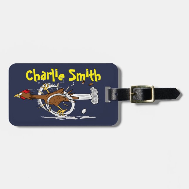 Funny running brown chicken cartoon bag tag (Front Horizontal)