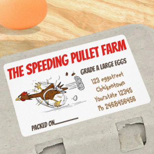 Funny running chicken cartoon egg carton label